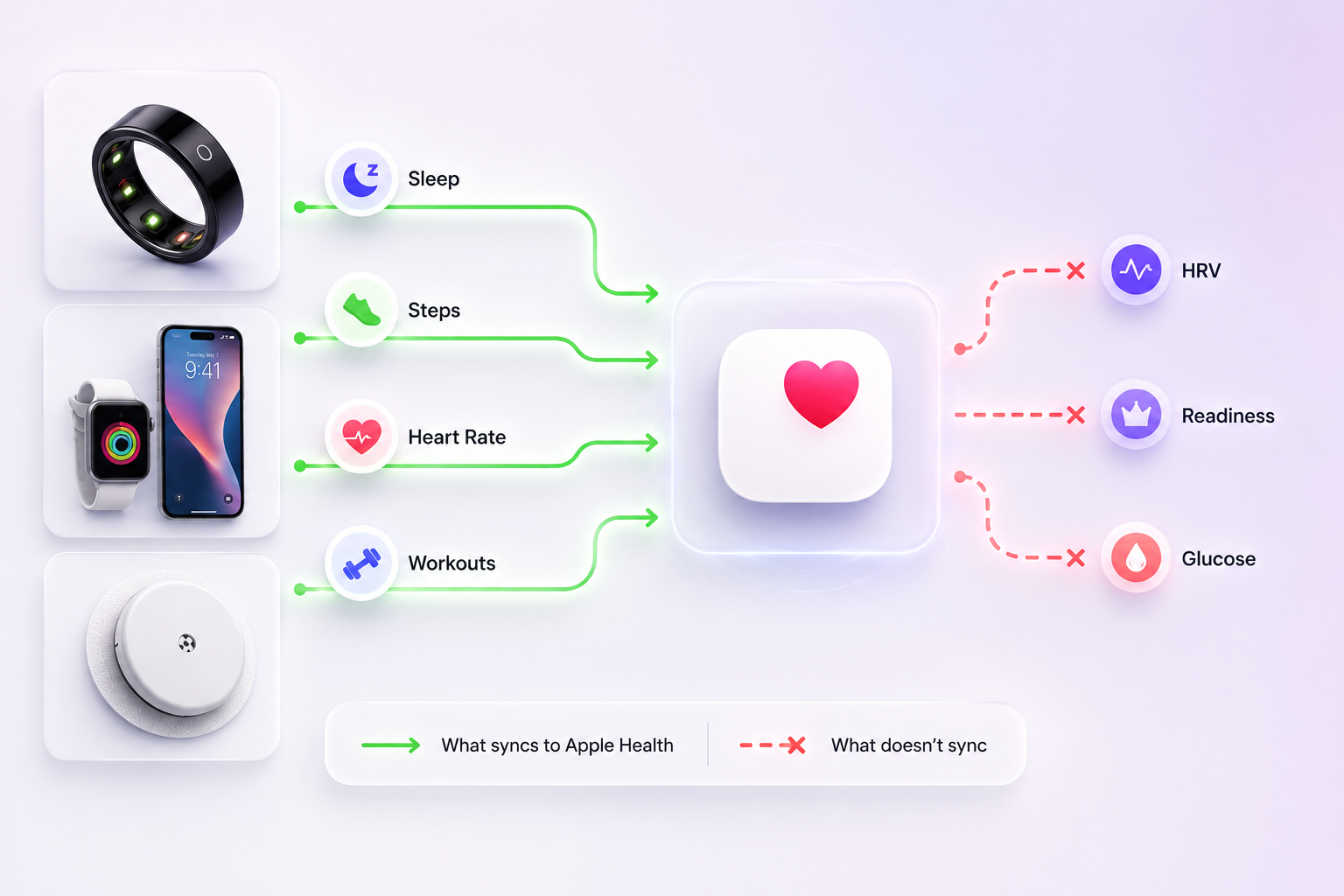 Flow diagram. Oura, Apple Watch/iPhone, and Stelo CGM on the left, arrows pointing toward Apple Health in the centre. The HRV, Readiness, and glucose arrows drawn as broken lines that stop short.